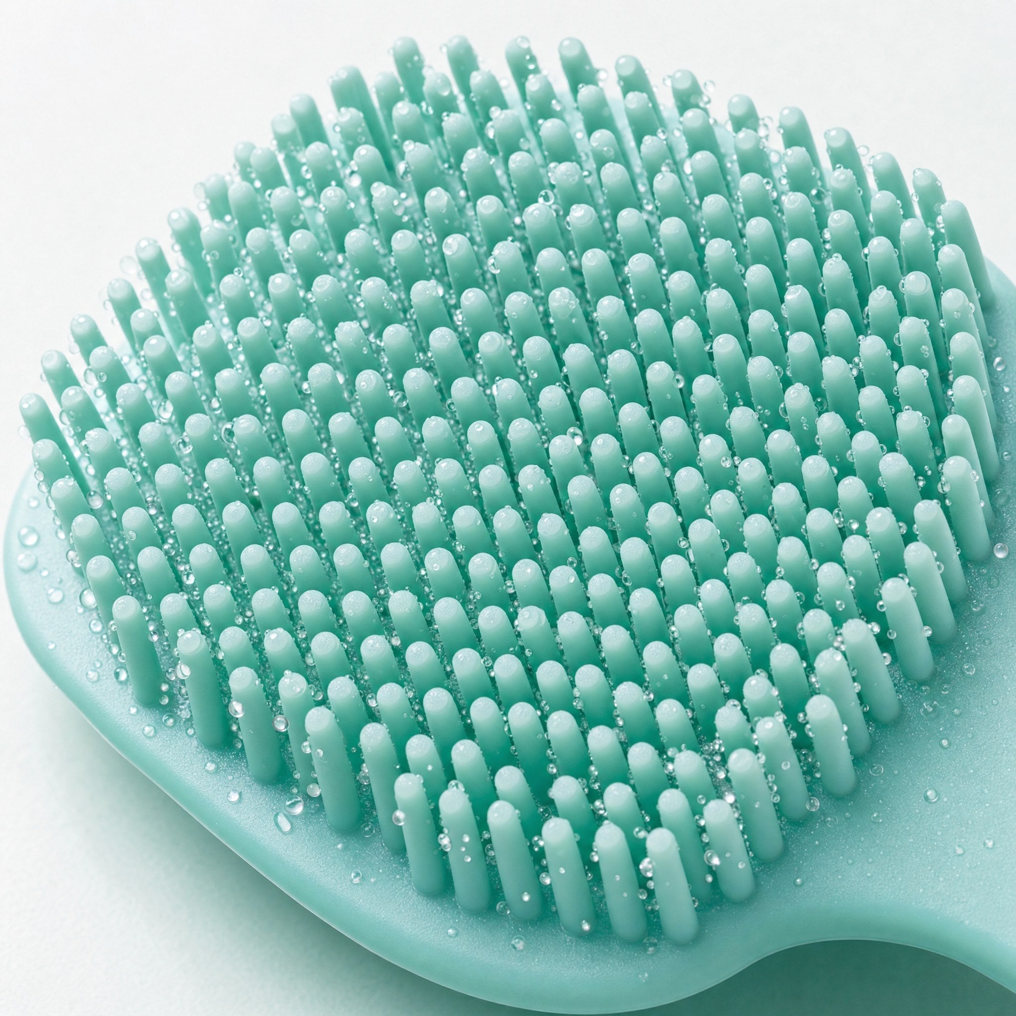 Brush Buddy זיפי סיליקון בתקריב עם טיפות מים