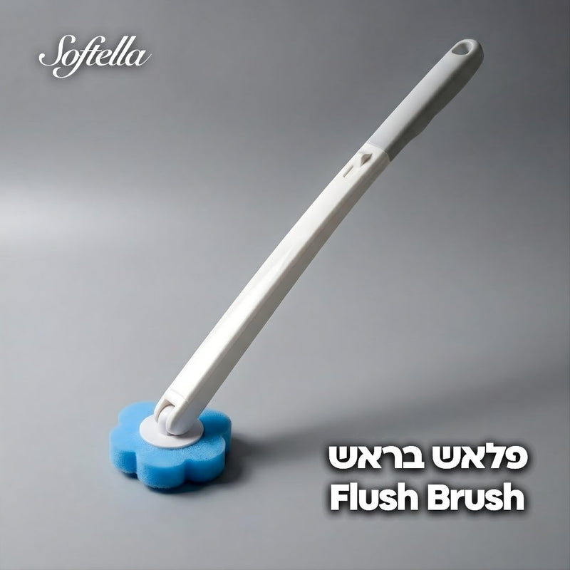 יד מחזיקה בפלאש ברש ומנקה את פנים האסלה, ראש הספוג סופג את חומר הניקוי ומקציף