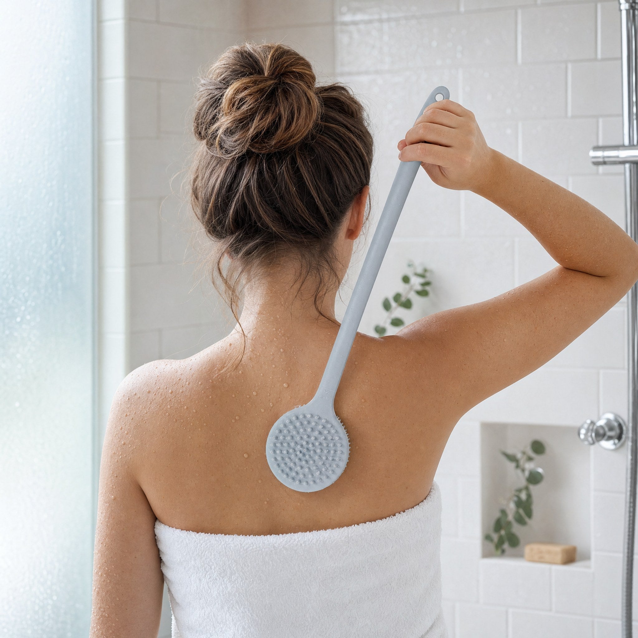אישה עטופה במגבת מקרצפת את הגב עם Brush Body